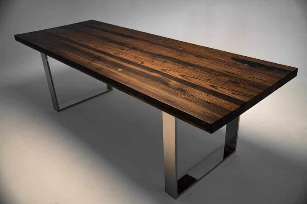 oak reclaimed table top on chrome legs